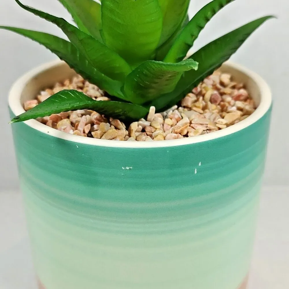 Artificial Succulent Potted Houseplant Teal Blue White Peach Tone Ceramic Rocks